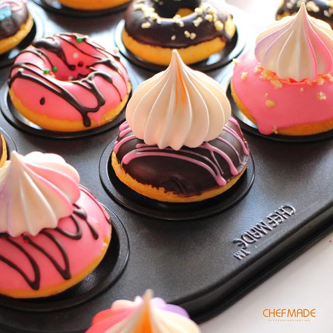 CHEFMADE Donut Pan, Nonstick Mini 12 Cavity Ring Doughnut Pan for Baking Donuts Bagels, Set of 2 (Black)
