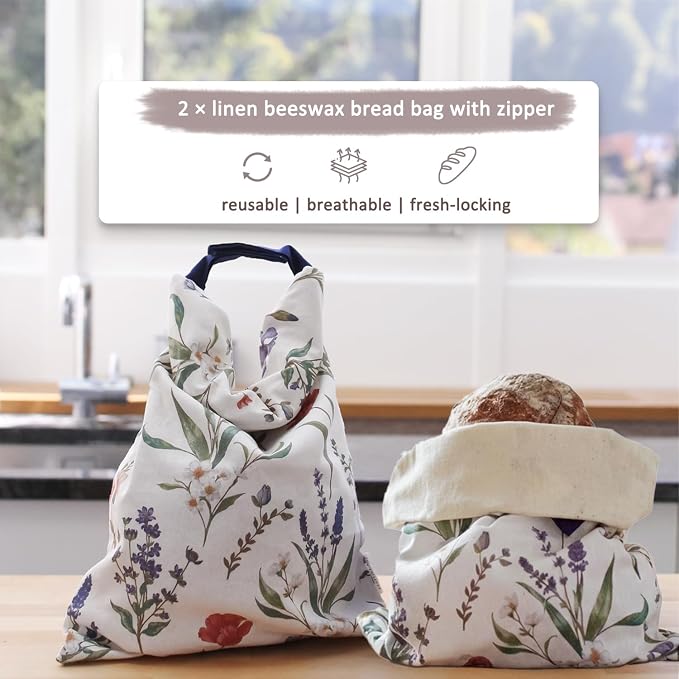 Set of 2 Reusable Zippered Linen Cotton Beeswax Bread Bags for Sourdough XL x 2, to Keep Bread and Food Fresh, All Natural Materials, Homemade Bread Storage, Freezer Safe, Baking Gift