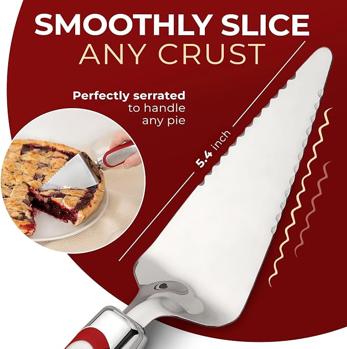 Orblue Pie Server, Essential Kitchen Tool, Serrated on Both Sides, Great for Right or Left Handed Chef, Stainless Steel Flatware, Cake Cutter, Red