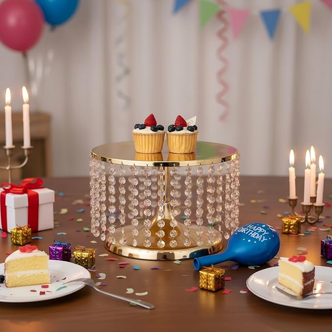 Cake Stand for Dessert Table 12 Inch Gold Crystal Pendants Metal Cake Stand Serves as A Round Dessert Cupcake Display Plate for Table, Wedding, Party, Event