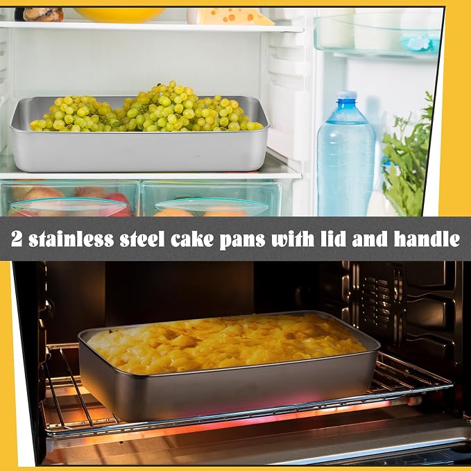 Funnymoom 2 Pcs Large Stainless Steel Cake Pan 13" x 5" Rectangle Nonstick Bread Loaf Baking Pan Sheet Bakeware for Fish Cakes Breads Casseroles Vegetables Dishwasher Safe