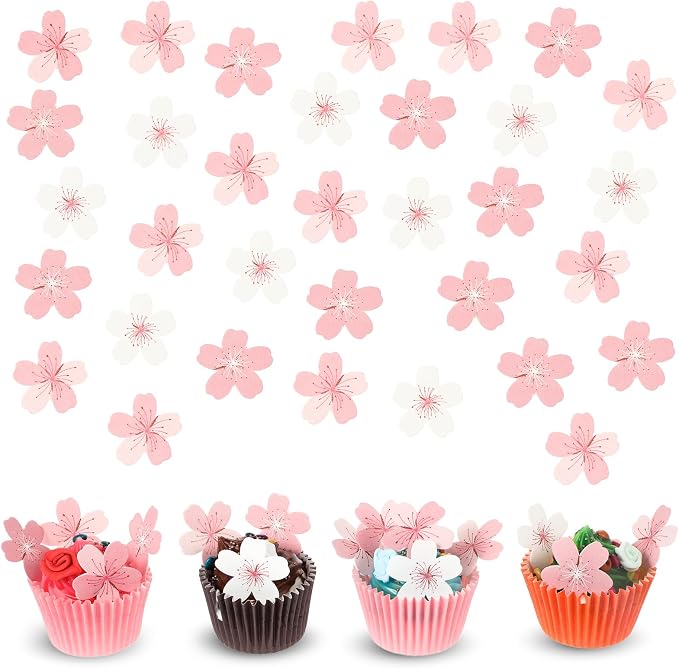 60 Pcs Edible Cherry Blossom Cake Decorations Edible Flowers Cupcake Topper Wafer Paper Flowers Cake Toppers for Cherry Baby Shower Kids Birthday Party Food Decorations Supplies Pink