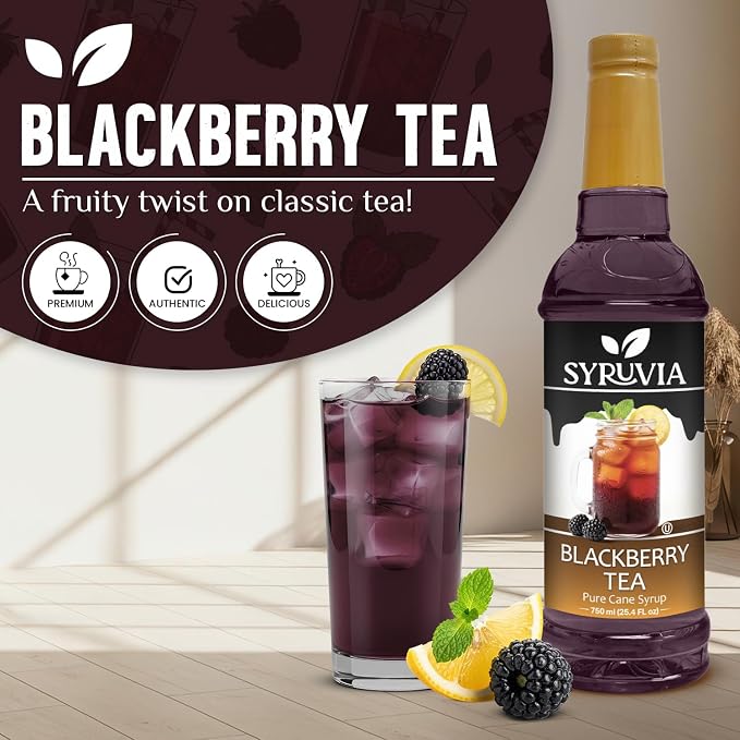 Syruvia Blackberry Tea Syrup, Flavored Syrup for Teas, Drinks, Lemonades, Iced Teas, and Desserts – 25.4 fl oz - with Pump