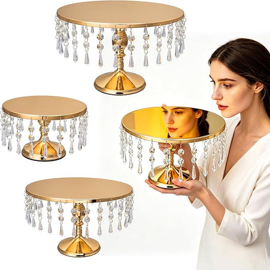 3 PCS Gold Cake Stand Set with Crystal Pendants - Dessert Table Display Set, Dazzling Metal Cake Holder Stand for Wedding, Party, Birthday, Baby Shower, Event Bridal Celebration