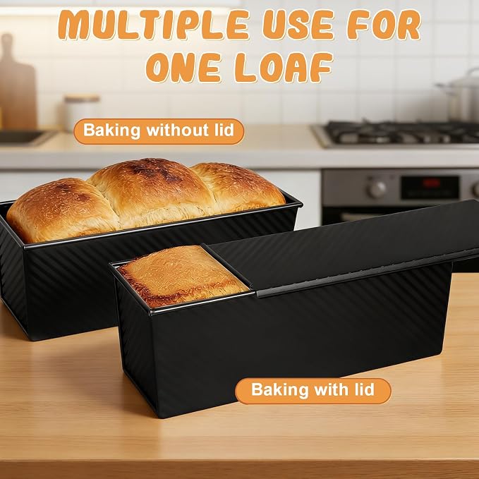 Pullman Loaf Pan with Lid,Non-Stick Carbon Steel Corrugated Toast Mold with Plastic Spatula and Basting Pastry Brush,1 LB Dough Capacity for Homemade Sandwich and Sourdough Bread(Black)