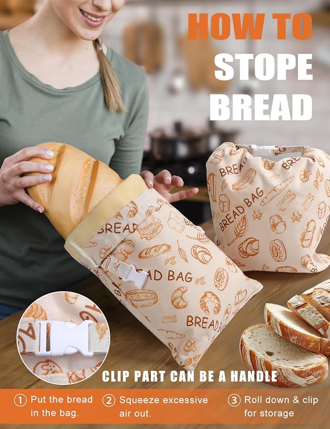 Reusable Beeswax Bread Bags(2 Pack), Beeswax Bags for Sourdough/Homemade Bread, Natural Cotton Bees Wax Bag, Fresh and Refrigerable, New Upgrade Food Storage Bag, Large Capacity and Portable