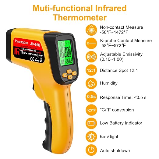 Infrared Thermometer Gun, Dual-Mode with Non-Contact IR & K-Type Thermocouple Probe Meature, -58°F to 1472°F High Accuracy Laser Temperature Gun with Emissivity, Humidity, for Cooking, Industrial Use