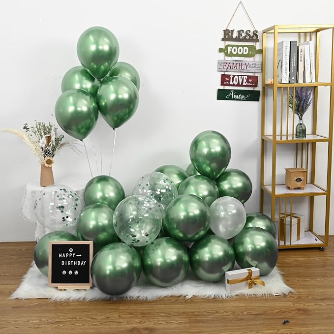 Jobkoo Green Metallic Balloons, 50Pcs 10Inch Chrome Dark Green Balloons Metallic Retro Sage Olive Green Party Balloons Hunter Green Chrome Helium Balloon for Jungle Birthday Graduation Wedding Decor