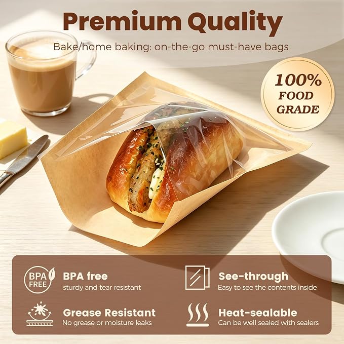 100 Pack Self Sealing Cookie Bags with Seal, 7.1x7.5 Inch Bagel Bags with Clear Window, Grease Resistant Bakery Packaging for Cake Pop, Donuts, Brownie, Pastry, Scone and Other Treats