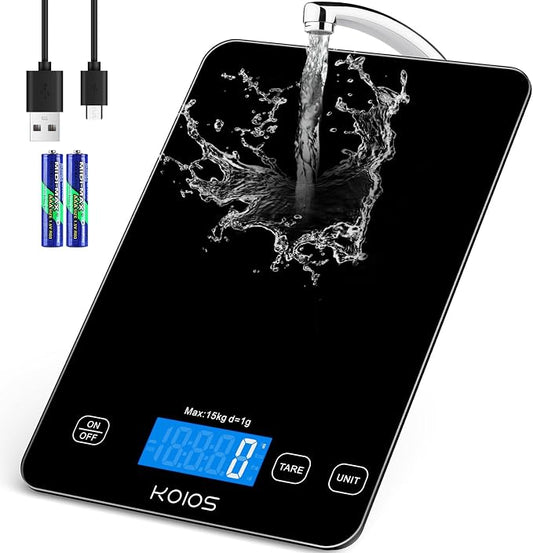 KOIOS Food Scale, 33lb/15kg Digital Kitchen Scale Weight in Grams and Ounces for Cooking Baking, 1g/0.1oz Precise Graduation, Batteries and Type-C Charging, Tare Function, LCD Display, Black