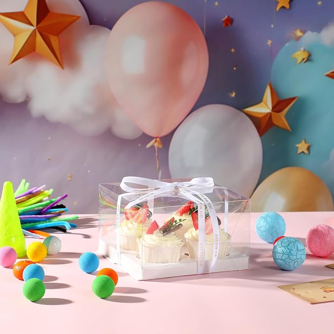 20 Packs Clear Cupcake Boxes 4 Count Cup Cake Holder Containers for Treat Dessert Cookies Muffins plastic Cupcake Carrier with Gift Ribbon Packaging for Party Baking Wedding