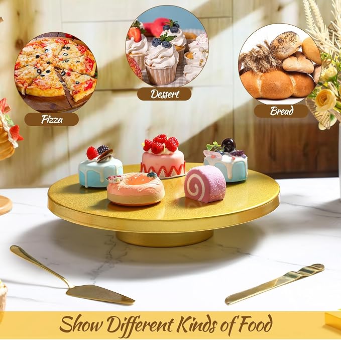Wenqik 14 Inch Metal Gold Cake Stand with Cake Knife and Spatula, Round Dessert Table Display Stand Metal Dessert Tray Serving Platter for Party, Wedding, Birthday, Baby Shower, Anniversary