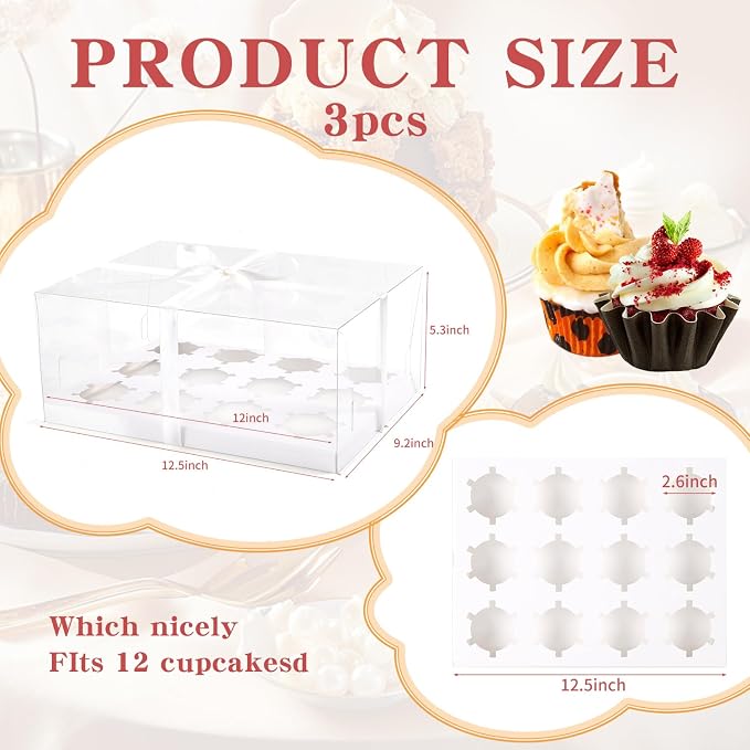 3Pcs Bento Cake Box and Cupcake 1+8 Combination Clear Window Bento Boxes, 6 Holes Bento Vake Box Suitable for 8 Regular Cupcakes and Mini Cakes