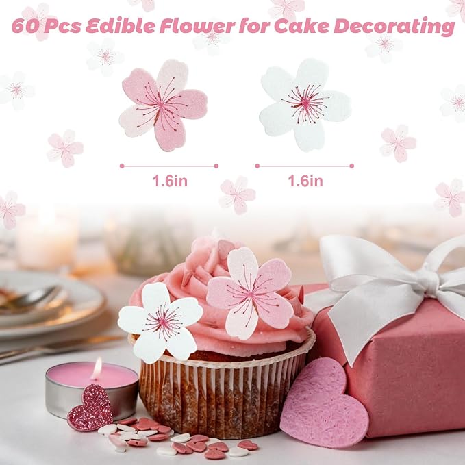 Edible Flowers Cake Decorations - Edible Flowers Set of 60PCs, Edible Cherry Blossom Cake Decorations Wafer Paper Flower Cupcake Toppers for Wedding Birthday Party (White & Pink)
