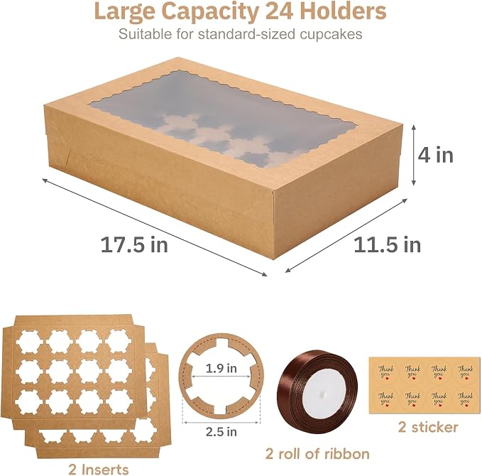 10 Pack 24 Count Standard Cupcake Boxes with Window & Inserts Brown | Cupcake Containers Bakery Box for Standard Muffins, Pastry Dessert for Birthday Party, Wedding, Baby Shower-17.5x11.5x4 Inch