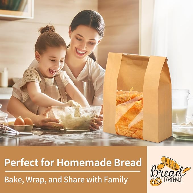 30 Pcs Bread Bags for Homemade Bread, 13.7 x 8.3 x 3.5 Inch Large Sourdough Kraft Paper Bakery Bags with Clear Window, Includes 30 Sealing Stickers for Storing Loaves & Snacks