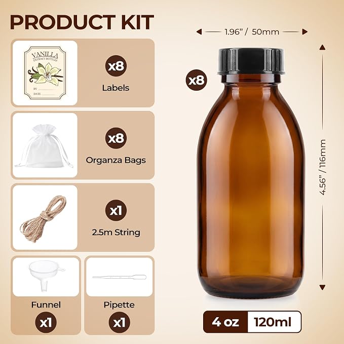 8 Pack 4 OZ Amber Glass Bottles with Lids, Vanilla Extract Bottles Empty Boston Glass Bottles for Homemade Vanilla Extract, Essential Oils, Juice, Potion, Syrup, Liquids, Christmas Gift