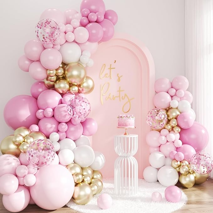 Pink and Gold Balloon Arch Kit, 143Pcs Light Macaron Pink White Gold Balloons Garland Arch Kit Coffetti Balloons for Birthday Wedding Girl Baby Shower Gender Reveal Decorations