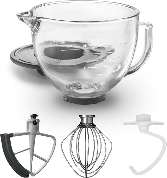 Replacement Glass Mixer Bowl with Lid and Attachments Set, 4.5-5 Qt,Compatible with Kitchenaid Tilt-Head Stand Mixers, Includes Beaters, Dough Hook, Wire Whip (Bright)