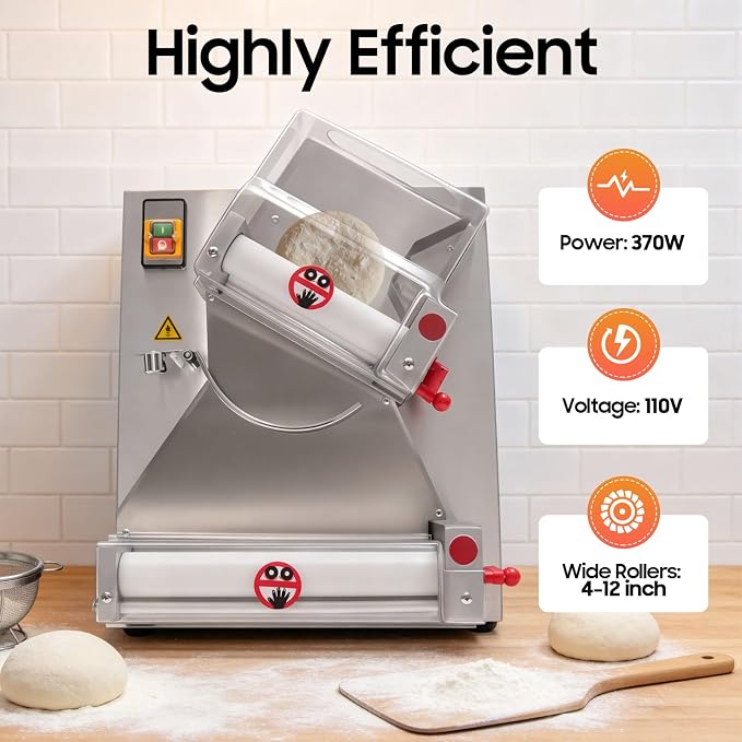 Bepritm Pizza Dough Roller Sheeter, 370W Automatic Commercial Dough Roller Sheeter with Dual Roller, 3-15"Electric Stainless Steel Pizza Press Dough Machine, Adjustable Thickness (4-12in Pizza Size)