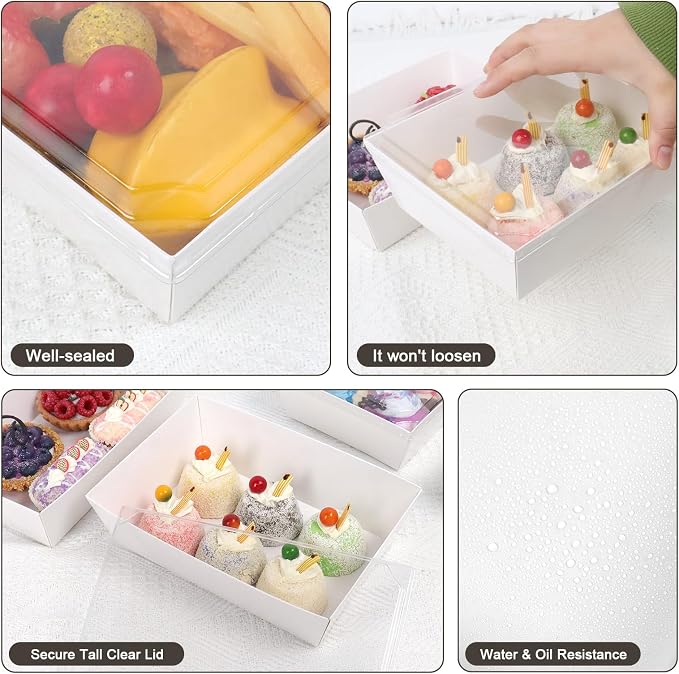 8 x 6 Inch Paper Charcuterie Boxes with Clear Lids, 50 Pack Large Disposable Food Containers, Take Out Bakery Boxes for Cake Slice, Cupcakes, Sandwiches, Cookies, Cocoa Bombs, Salads (White)