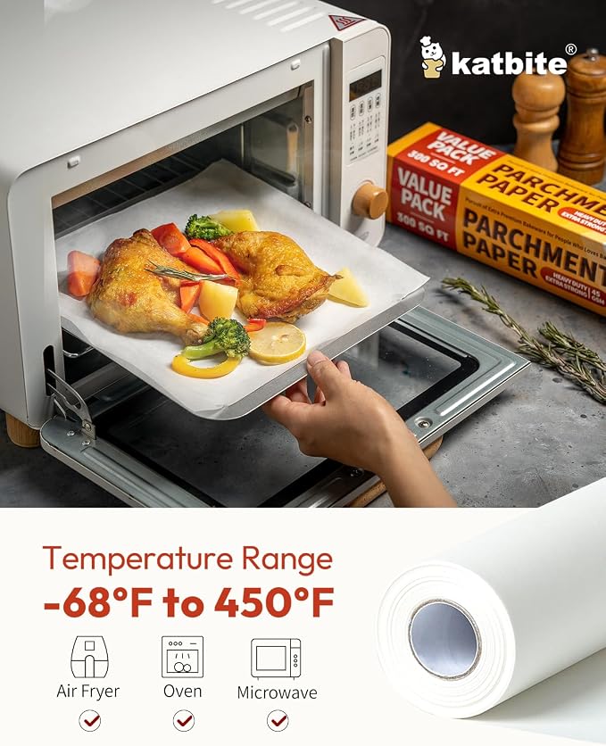 Katbite 15in x 242ft, 300 Sq.Ft Value Pack Parchment Paper Roll for Baking, Parchment Baking Paper with Serrated Cutter, Heavy Duty & Value Pack Roll for Cooking, Air Fryer, Steaming, Bread