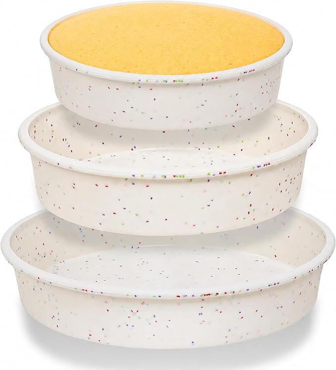 6 8 10 inch Silicone Round Cake Pans with Metal Reinforced Frame, Nonstick Layer Cake Molds for Baking, BPA Free Set of 3 (Cream)