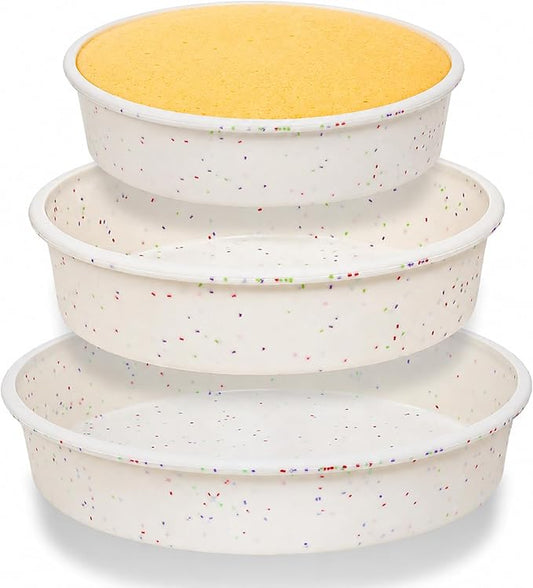 6 8 10 inch Silicone Round Cake Pans with Metal Reinforced Frame, Nonstick Layer Cake Molds for Baking, BPA Free Set of 3 (Cream)