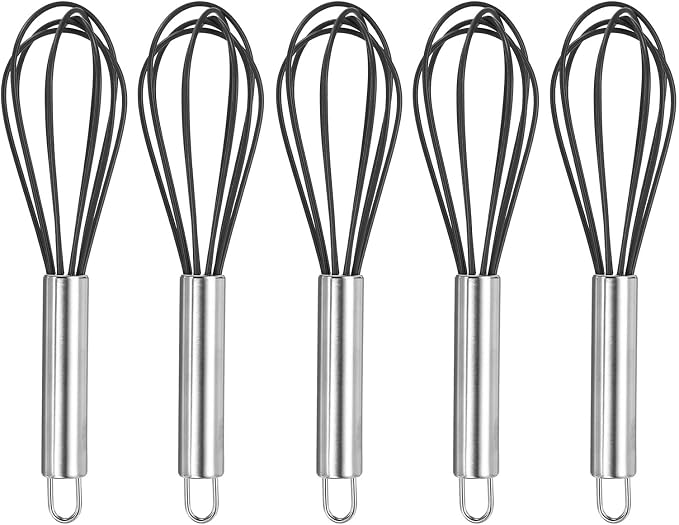 HARFINGTON 5Pcs Silicone Whisk 8" Kitchen Whisk Wire Whisks Beater with Stainless Steel Handle for Egg Milk Whisking Blending Beating & Stirring, Black