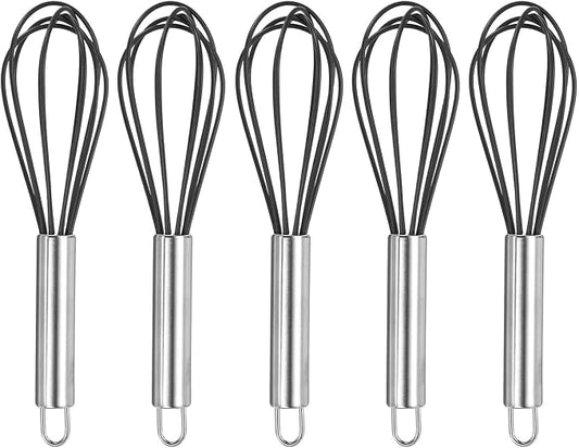 HARFINGTON 5Pcs Silicone Whisk 8" Kitchen Whisk Wire Whisks Beater with Stainless Steel Handle for Egg Milk Whisking Blending Beating & Stirring, Black