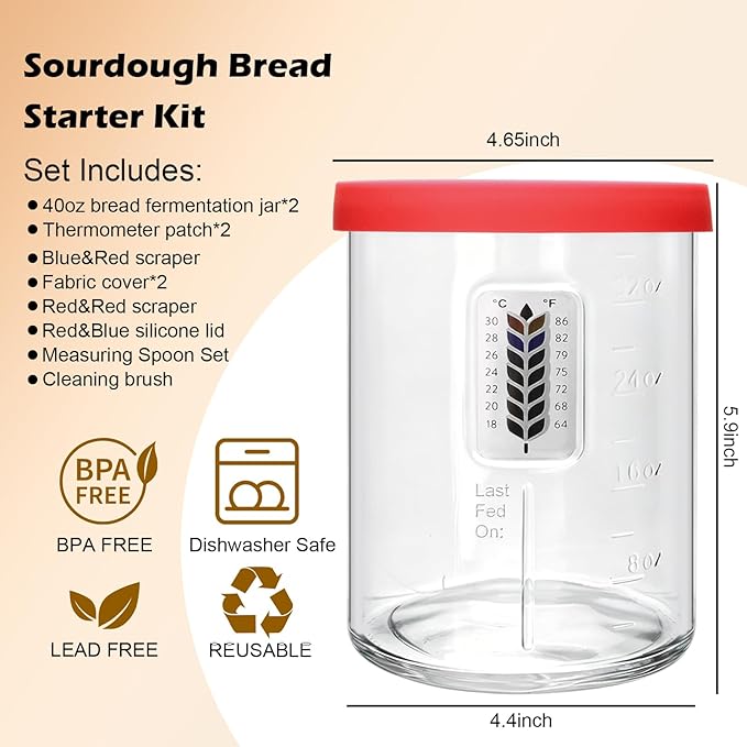 2Pack Sourdough Starter Jar - 40oz Large Sourdough Jar with Marked Feeding Band,Temperature Patch,Scraper, Cloth Cover and Silicone Lid&Base,Measuring Spoon Set,Cleaning brush-RED&BLUE