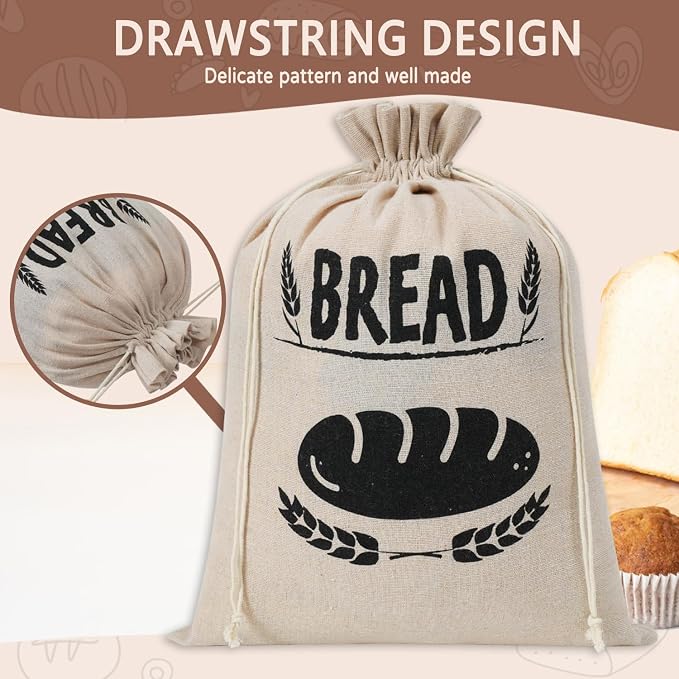 Bread Bags for Homemade Bread, Line Produce Bread Bag Storage, Drawstring Reusable Sourdough Bread Bags for Toast, Loaf,Sandwich Fresh (Linen Lined)