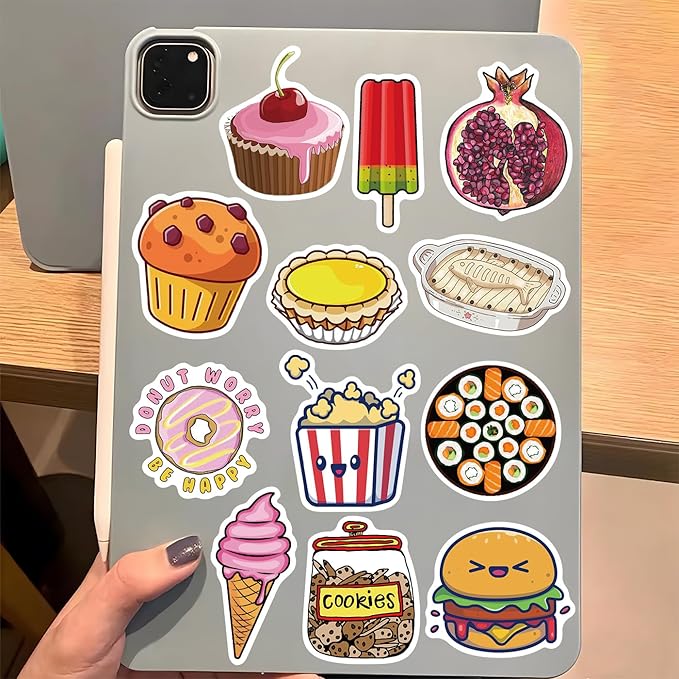 200Pcs Food Stickers for Kids Adults, Waterproof Snack Bread Fruit for Water Bottle Laptop Scrapbook Luggage, Cute Decals for Boys Girls