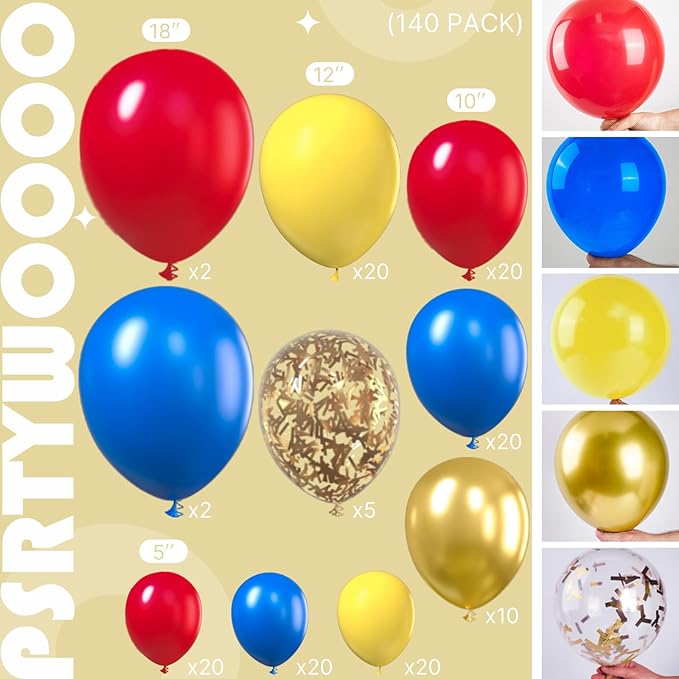 PartyWoo Red Yellow Blue Balloons, 140 pcs Blue Red and Yellow Balloons Different Sizes Pack of 18 Inch 12 Inch 10 Inch 5 Inch for Balloon Garland or Arch as Dog Party Decorations, Party Decorations