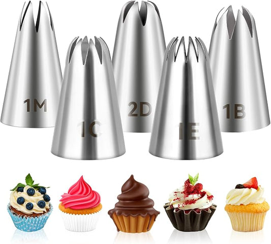 5pcs Cake Piping Tips (1M 2D 1C 1B 1E), Decorating Supplies, Nozzles, Baking Tools for Buttercream, Icing, Birthday, Cupcake, DIY Art