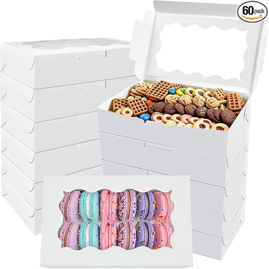 60 Pack White Cookie Boxes with Clear Window, 7" x 4 3/8" x 1 1/2" Bakery Treat Boxes for Dessert, Donuts, Pie, Candy, Macaroon