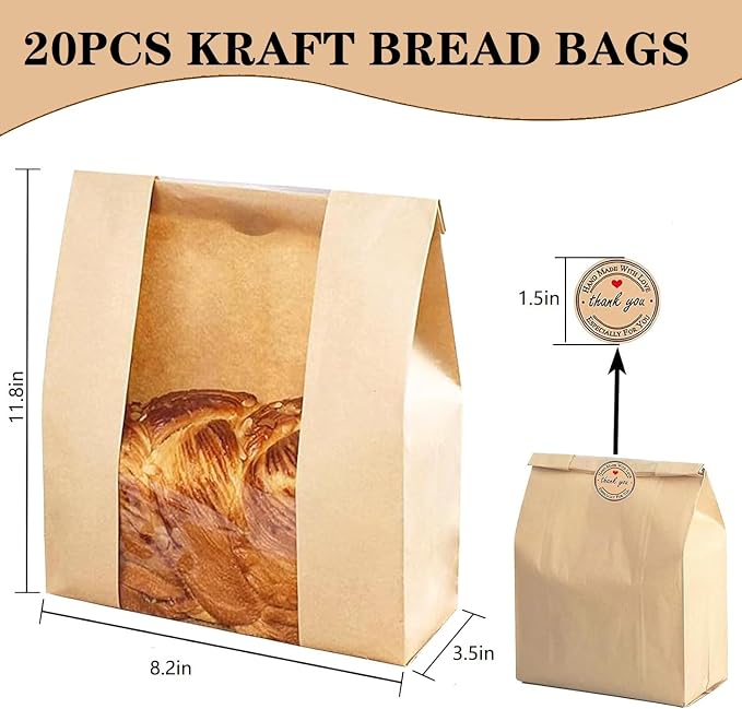 20 Pack Large Sourdough Bread Bags for Homemade Bread Gifting Bakery Bags with Window Loaves Paper Bread Bags for Baked Food Packaging Storage with Seal Stickers (11.8x8.2x3.5inch)