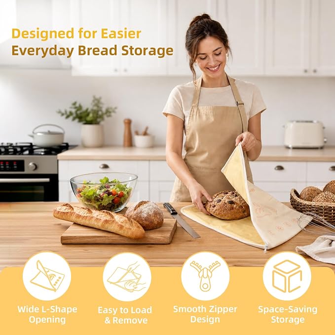 2 Pack XL Reusable Beeswax Bread Bags with Zipper, Organic Linen Cotton Sourdough Bread Storage Bags (13 x 17 in), Moisture Lock, Includes Metal Measuring Spoon, Ideal for Baking, Kitchen & Travel