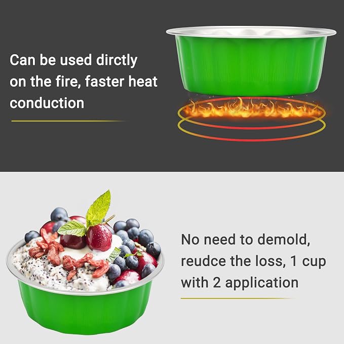 Beasea Disposable Ramekins 8oz, 100 Pack Foil Cups with Lids Cupcake Cups Grass Green Aluminum Foil Cups Creme Brulee Muffin Cupcake Baking Cup Mini Pudding Cake Tins for Party Wedding Birthday