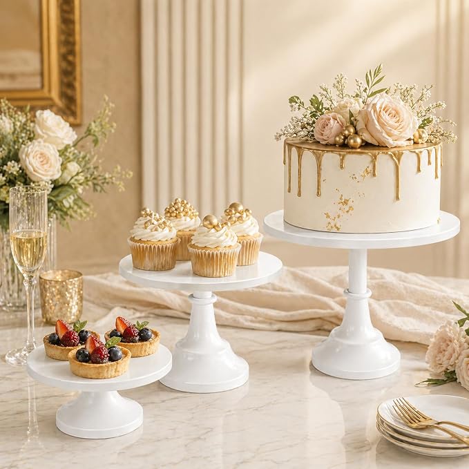 3 Pack Metal Cake Stand, 8 10 12 Inch Tiered Display | White finish, Pedestal base, Stackable setup, Wedding reception, Birthday party, Baby shower, Candy bar, Buffet table