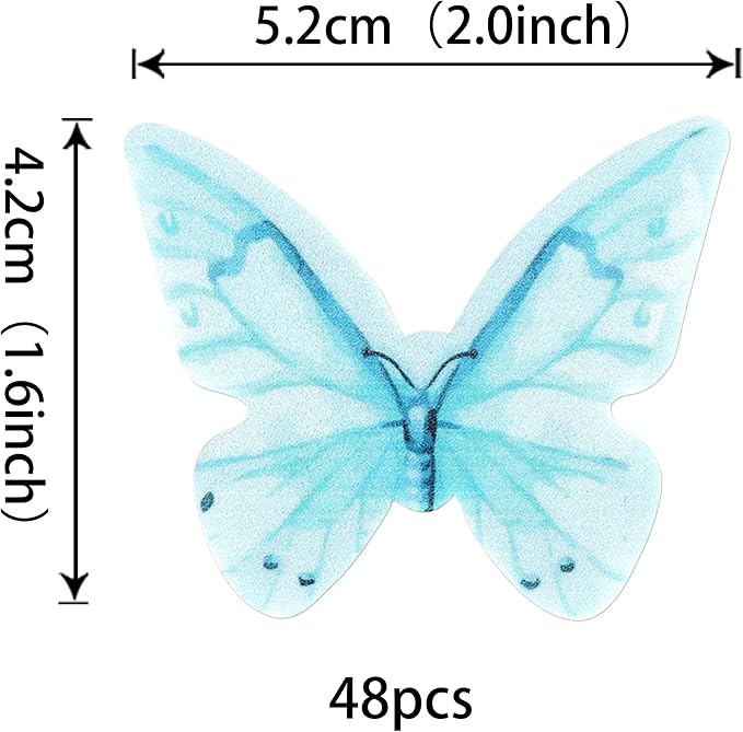 48 PCS Edible Butterfly Cupcake Toppers - Wafer Paper Butterflies & Cupcake Picks for Butterfly Theme Baby Shower, Wedding, Birthday Party - Blue