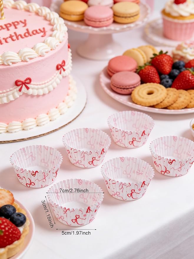 300 Pcs Pink Bows Cupcake Liners, Pink Baking Cups - Coquette Bow Cupcake Wrappers, Standard Muffin Cupcake Wrappers Holders (Base Dia 1.97in, Height 1.18in, Top Dia 2.76in) (Bow)