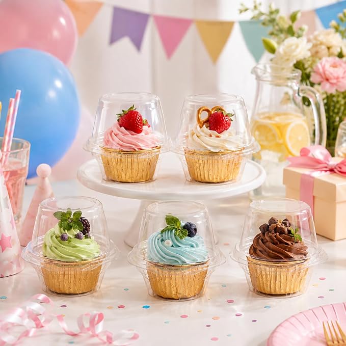 25Pack Individual Cupcake Containers with Clear Dome Lids, Single Cupcake Holder Boxes for Frosted Cupcakes, Bakery-Style Cupcake Carrier for Parties, Bake Sales, School Events