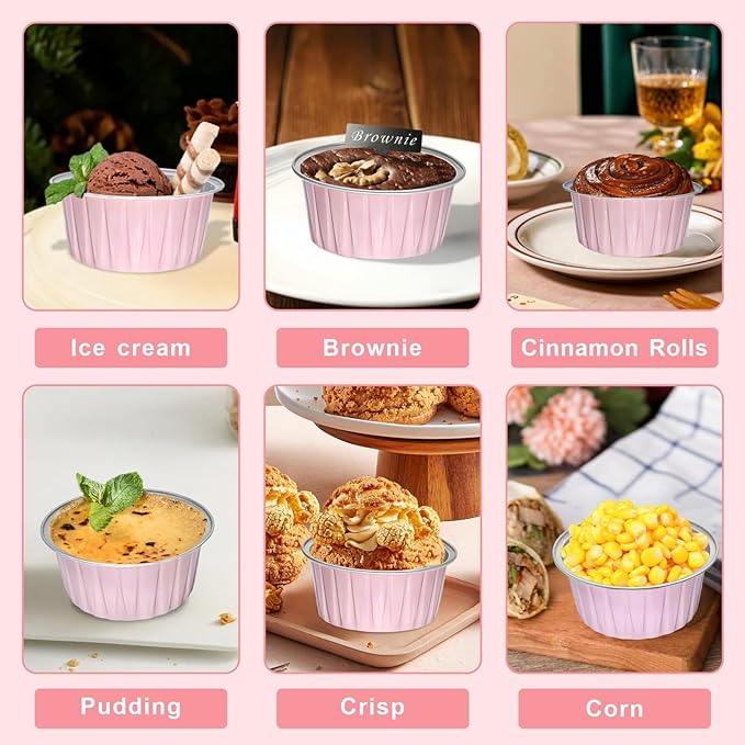 100 Pack 5oz Cupcake Pans with Dome Lids, Disposable Ramekin Cupcake Liners,Reusable Mini Muffin Case Dessert Containers for Birthday Wedding Party - Pink