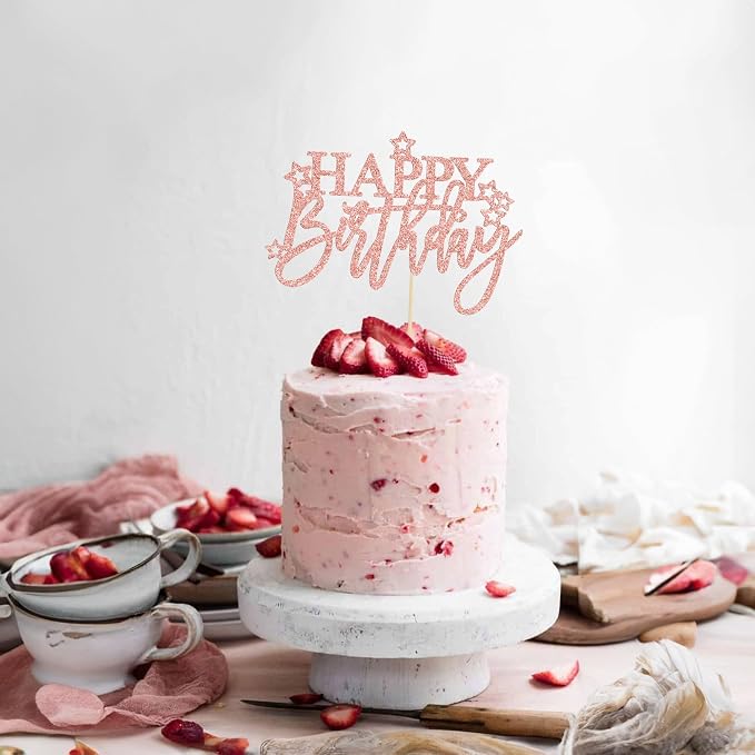 Gyufise 1Pcs Happy Birthday Cake Topper Glitter Cake Pick for Celebrating Anniversary Theme Party Cake Decorations Supplies Light Rose Gold
