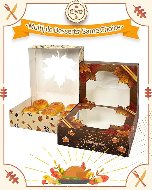 qiqee Thanksgiving Pie Boxes with Window 10x10x2.5 Inch 12Packs Cookie Donut Bakery Box