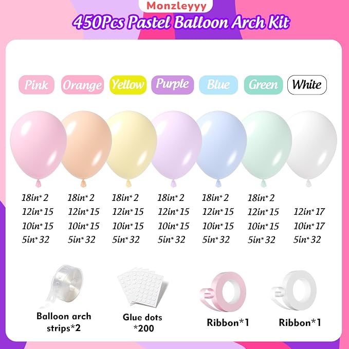 450Pcs Pastel Balloons Garland Arch Kit - 18 12 10 5 Inch Different Sizes Colorful Macaron Assorted Colors Latex Balloon for Baby Shower Girls Spring Birthday Easter Party Decorations