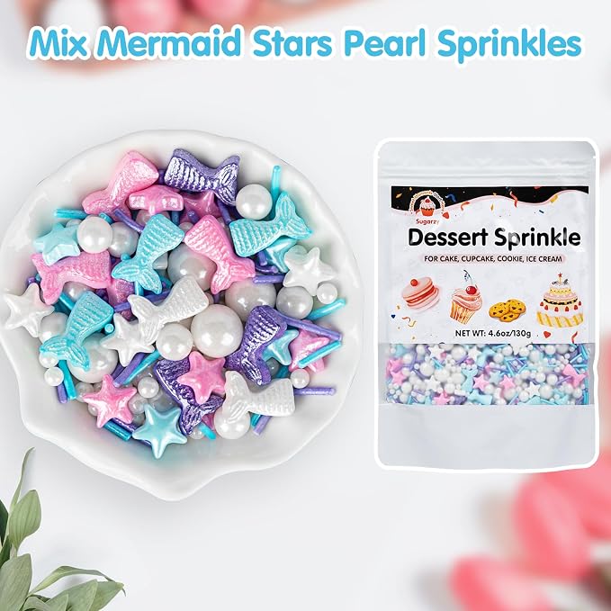 Edible Mermaid Sprinkles,130g/4.58oz,Sugar Pearl Stars Jimmies Mix,Pearl Candy Ocean Sprinkles,Summer Baking Cake Fun Decorations,Perfect for Ice Cream,Cookies,Dessert,Cupcake Topper,Birthday Children's Anime Theme Party Supplies