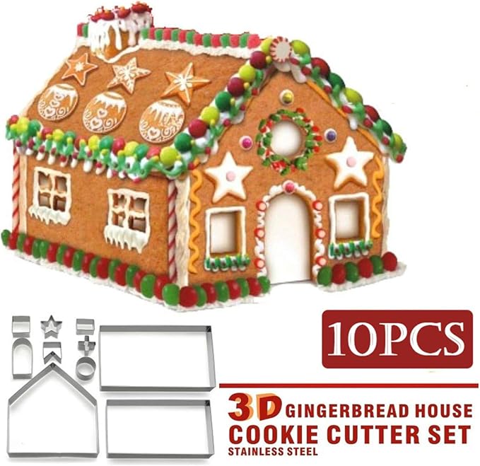 3D Christmas Gingerbread House Cookie Cutters Set, FantasyDay 10 Pcs 430 Stainless Steel Cartoon Snowflake Biscuit Cutter Pastry Mold for Holiday Birthday Cake Dough Donut Fondant - Baking Dough Tool