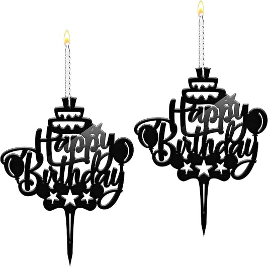 Happy Birthday Cake Topper Candle for Birthday Party Decorations, Acrylic Black, 2 Wicks, 2 pcs.